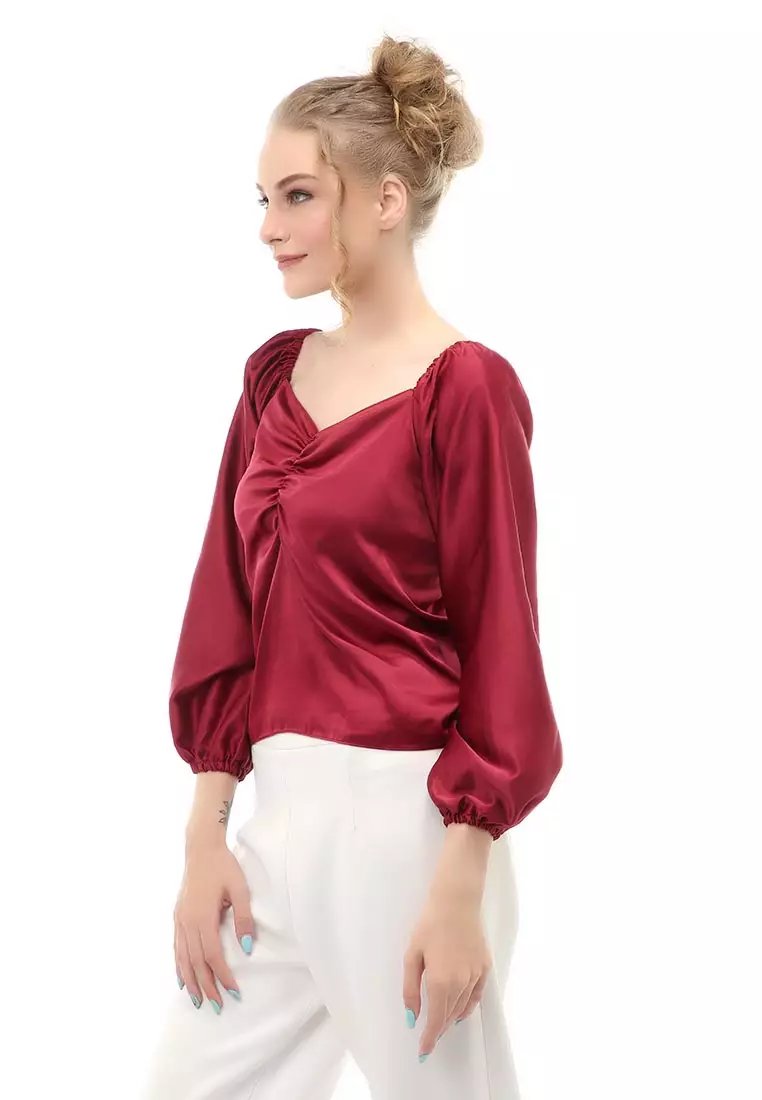 Cheva Blouse Casual Wanita Sabrina Kerut Dada Lengan Panjang Material Satin ORIGINAL - Maroon