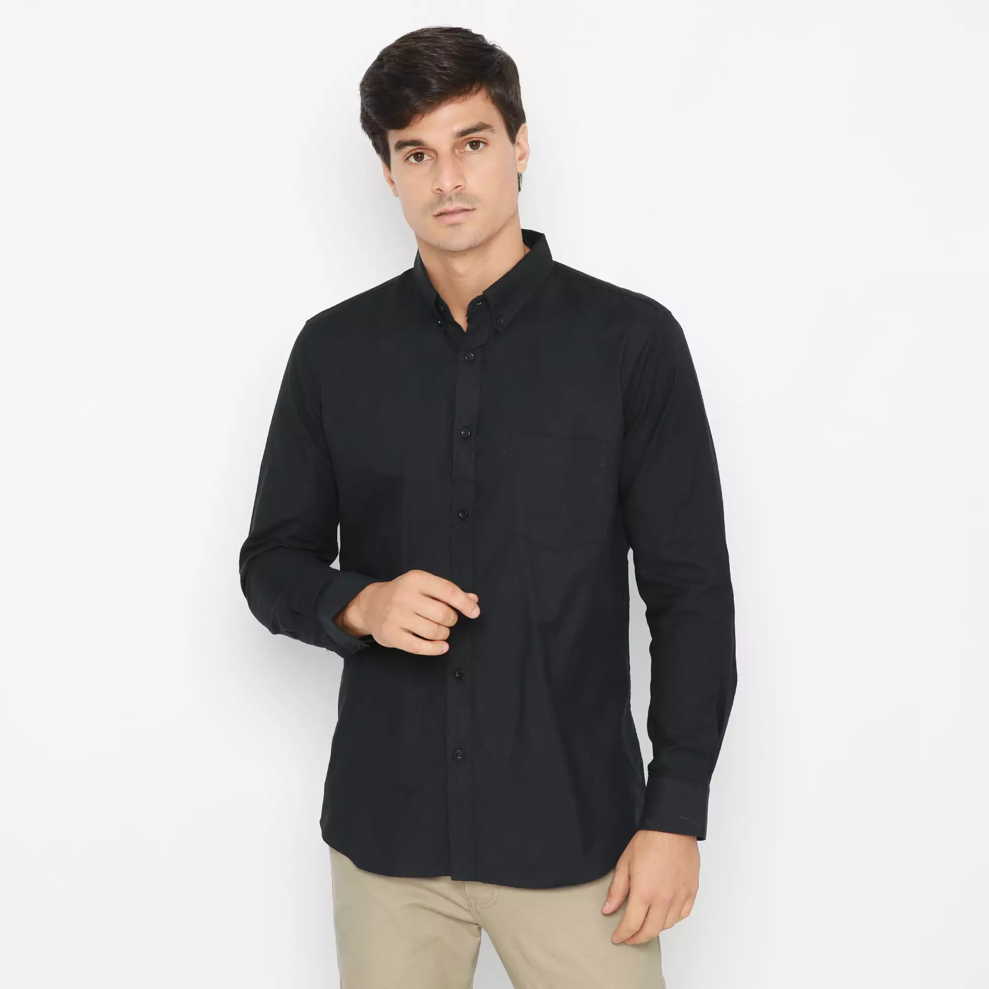 Platini Kemeja Pria Polos Lengan Panjang Katun Oxford Hitam 66206