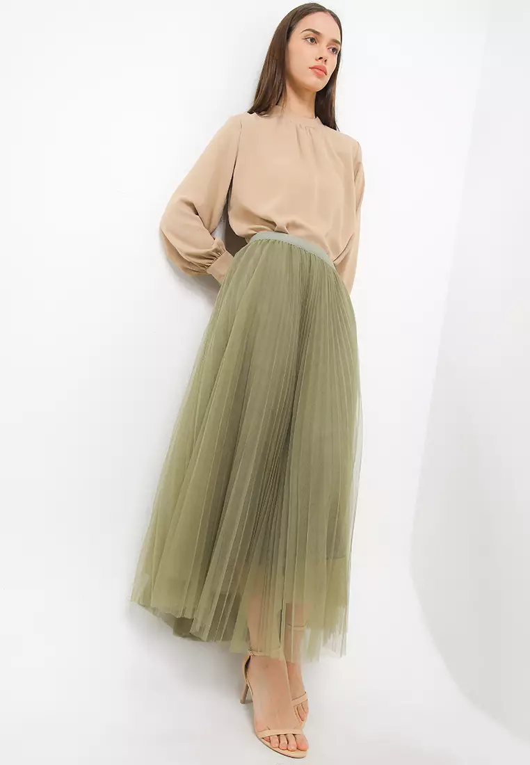 Pleated Tulle Maxi Skirt