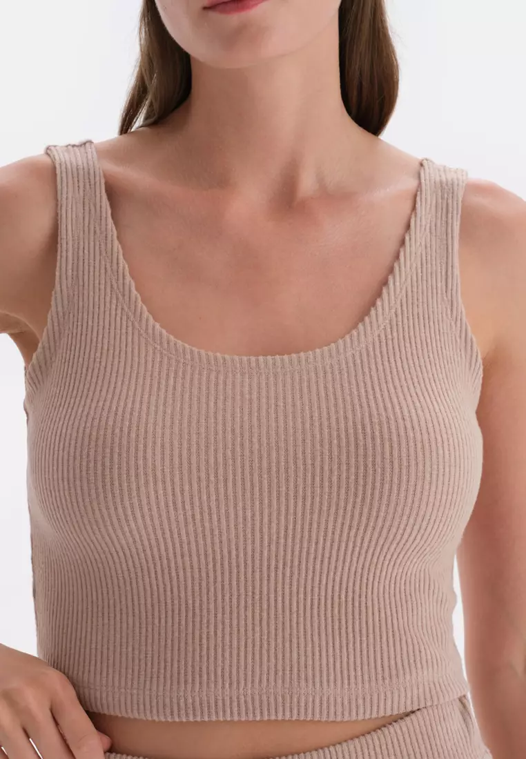 Light Brown Knitwear Top Tanktop, U-Neck, Regular Fit, Thick Strap Sleepwear for Women