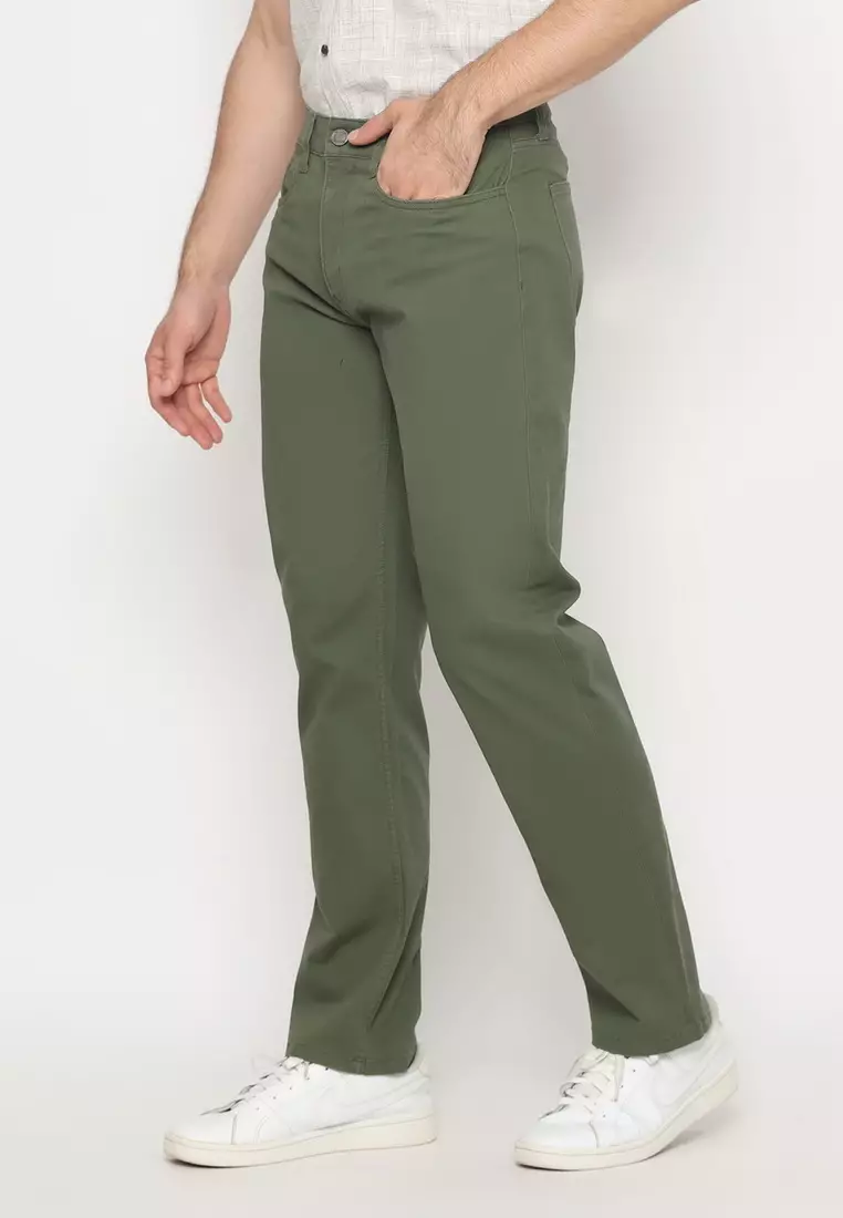 POLICE Celana Chino Panjang V Pocket Sage Green Regular Fit Cotton Premium Pria