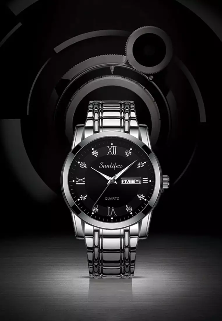 Jam Tangan Pria 9010 Kalender Kuarsa Tali Stainless Steel Bisnis Santai Jam Tangan Cowok silver black