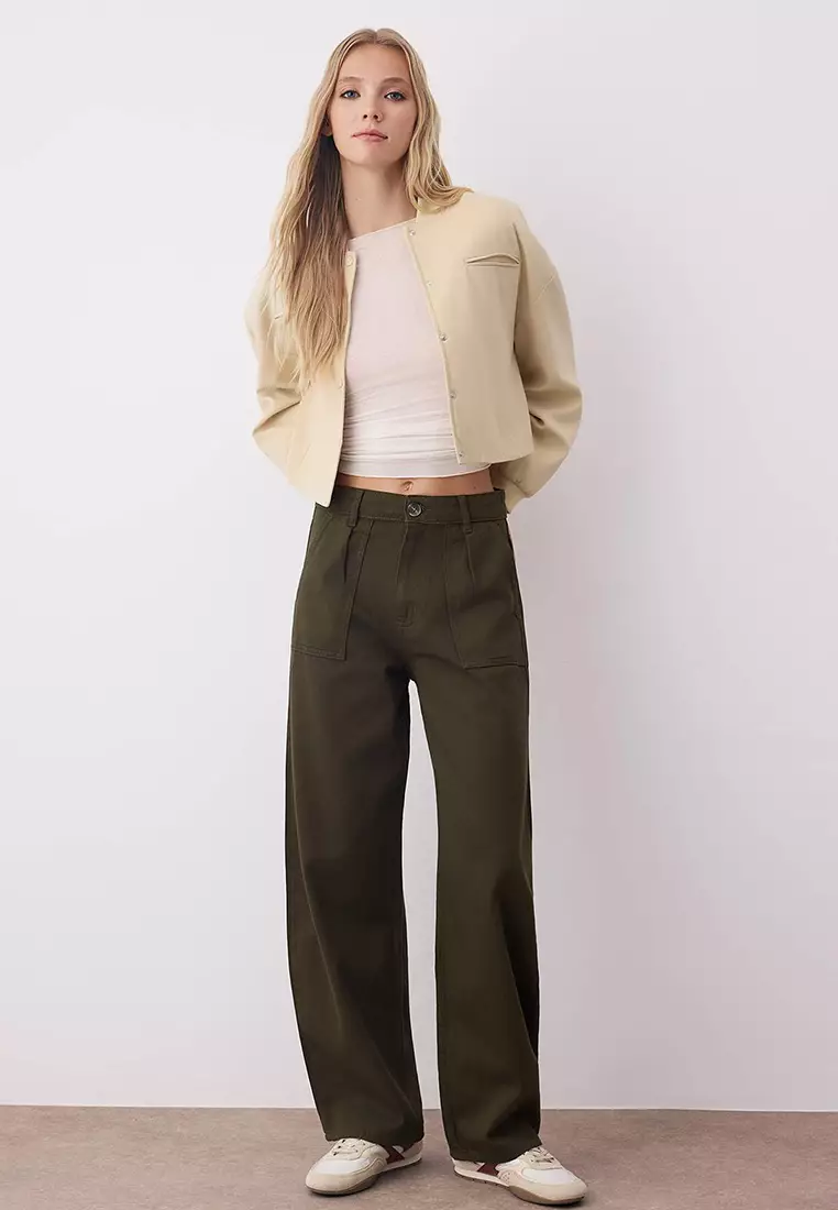 Khaki Barrel Pattern 100% Cotton Gabardine Trousers Twoaw26Pl00084