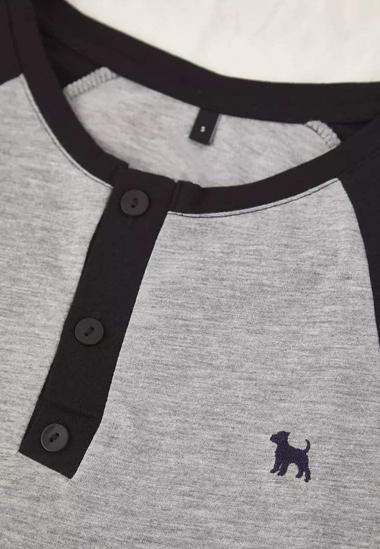 Black-Gray Regular Fit Raglan Sleeve Dog Embroidered Button-Down Collar Knitted Pajama Set