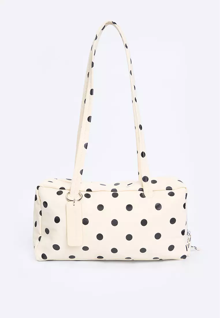 Nylon Polka Dots Bowler Shoulder Bag with Leather Charm