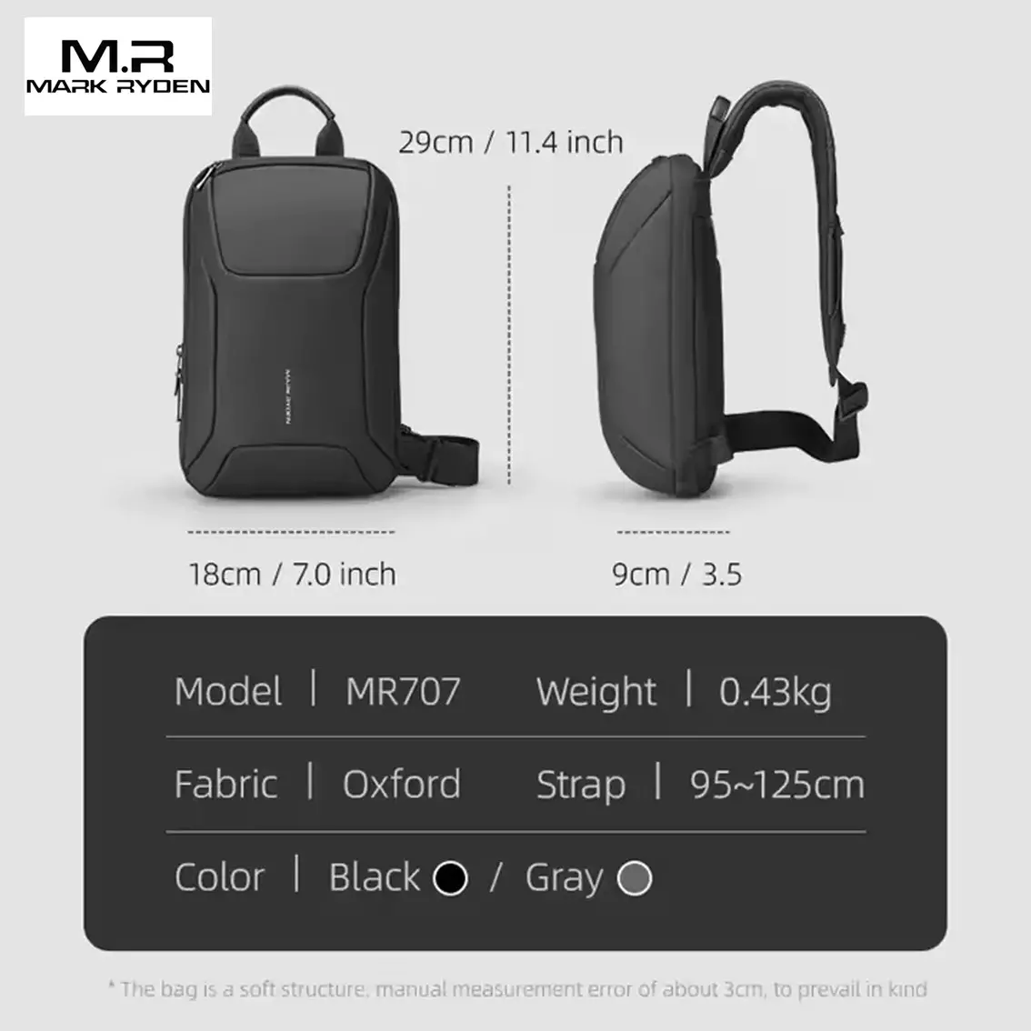 MARK RYDEN MR707 Tas Selempang Pria Crossbody Sling Bag Chest Bag Cowok-BLACK