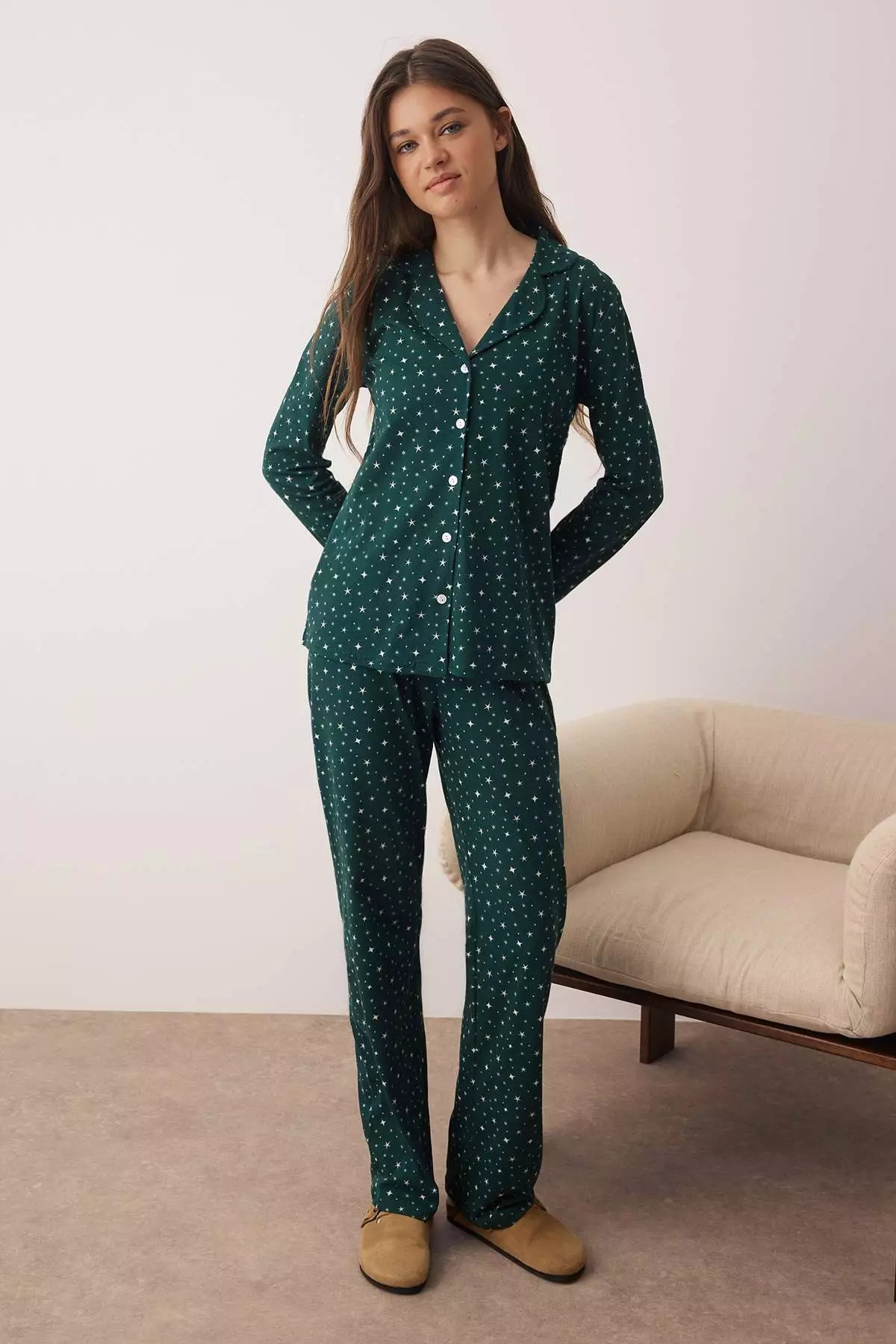 Emerald Green 100% Cotton Galaxy Patterned Knitted Pajama Set Thmaw25Pt00097