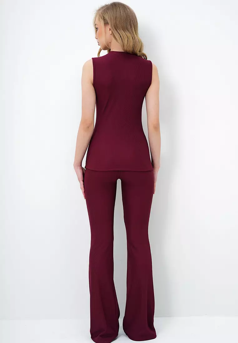 Women's Burgundy Crew Neck Gold Buttoned Ottoban Blouse And Flared Trousers Set Alc-X13981
