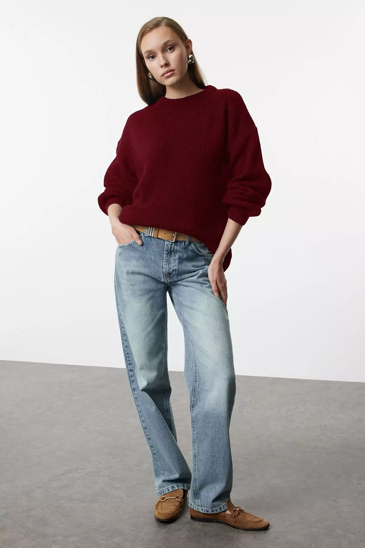 Claret Red Wide Pattern Ribbed Crew Neck Knitwear Sweater TWOAW25KZ00342