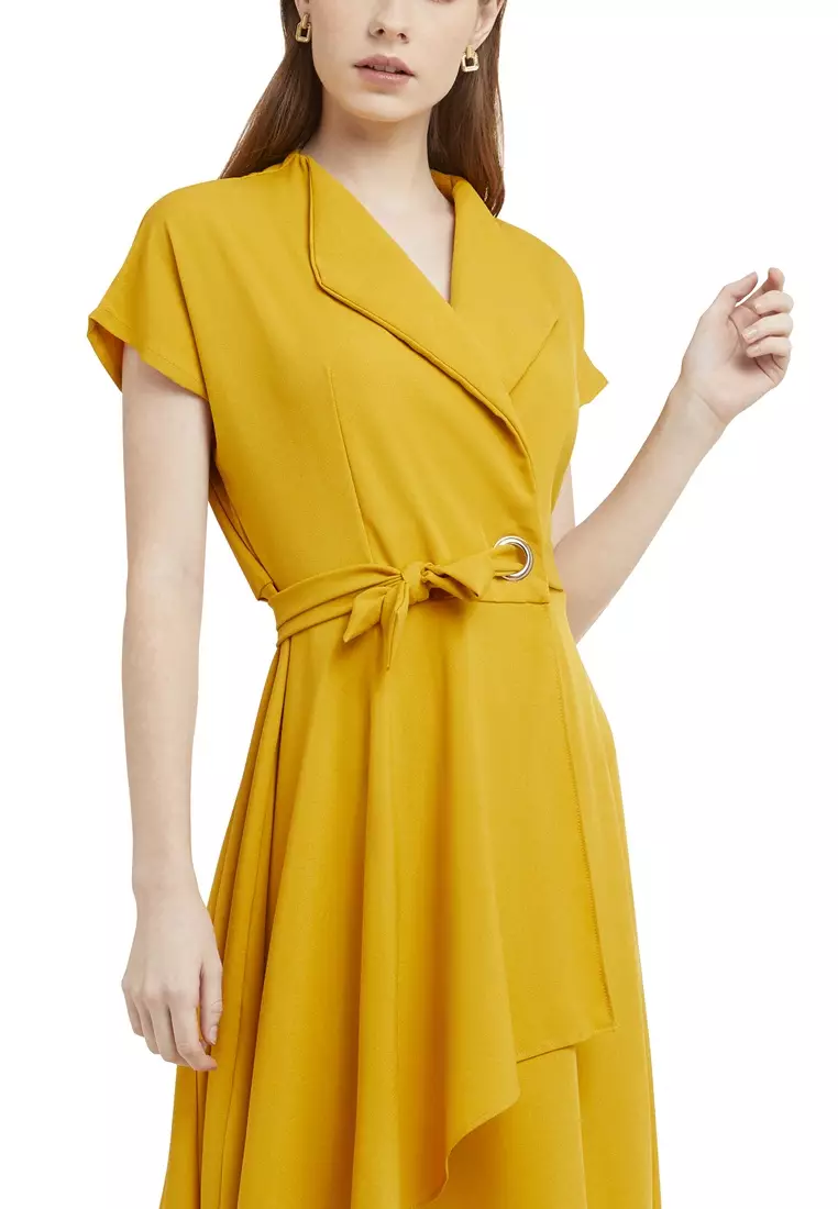 Mini Dress Kasual Lengan Pendek Collar Neckline Baju Wanita Regular Fit - Mustard
