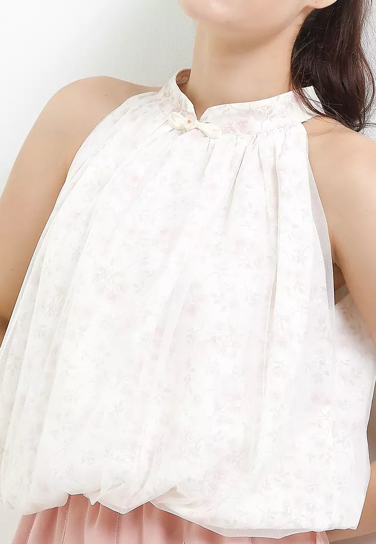 Balloon Hem Flo Print Halter Qipao Top Lined W/ Tulle