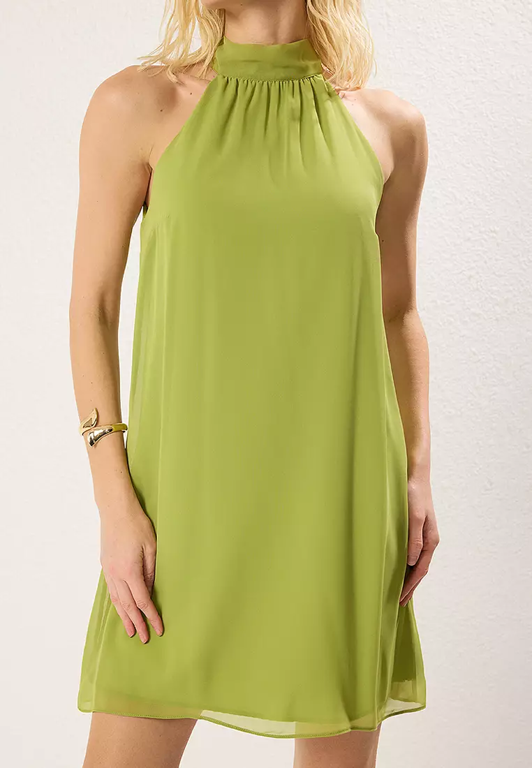 Oil Green Plain Mini Woven Dress