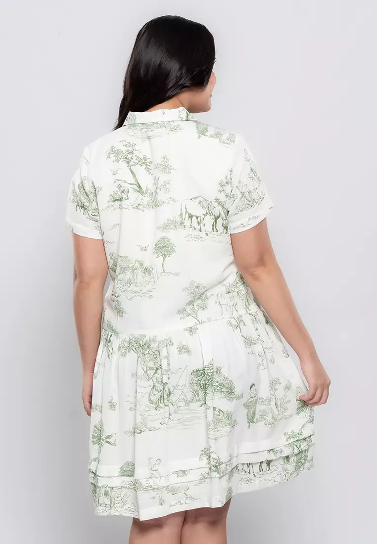Milly Plus Size Magnolia Flounce Hem Shirt Dress in Graphic Nature Print