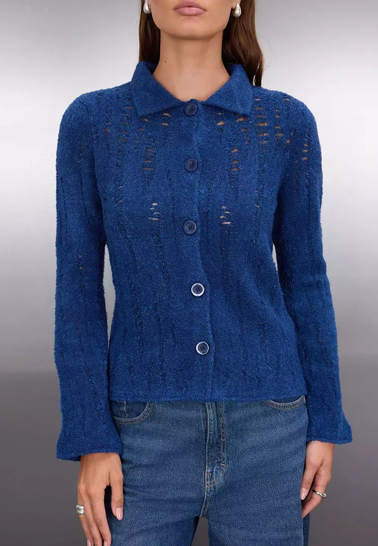 Indigo Fitted/Body-Smoothing Boucle Yarn Knitwear Cardigan Twoaw26Hi00192