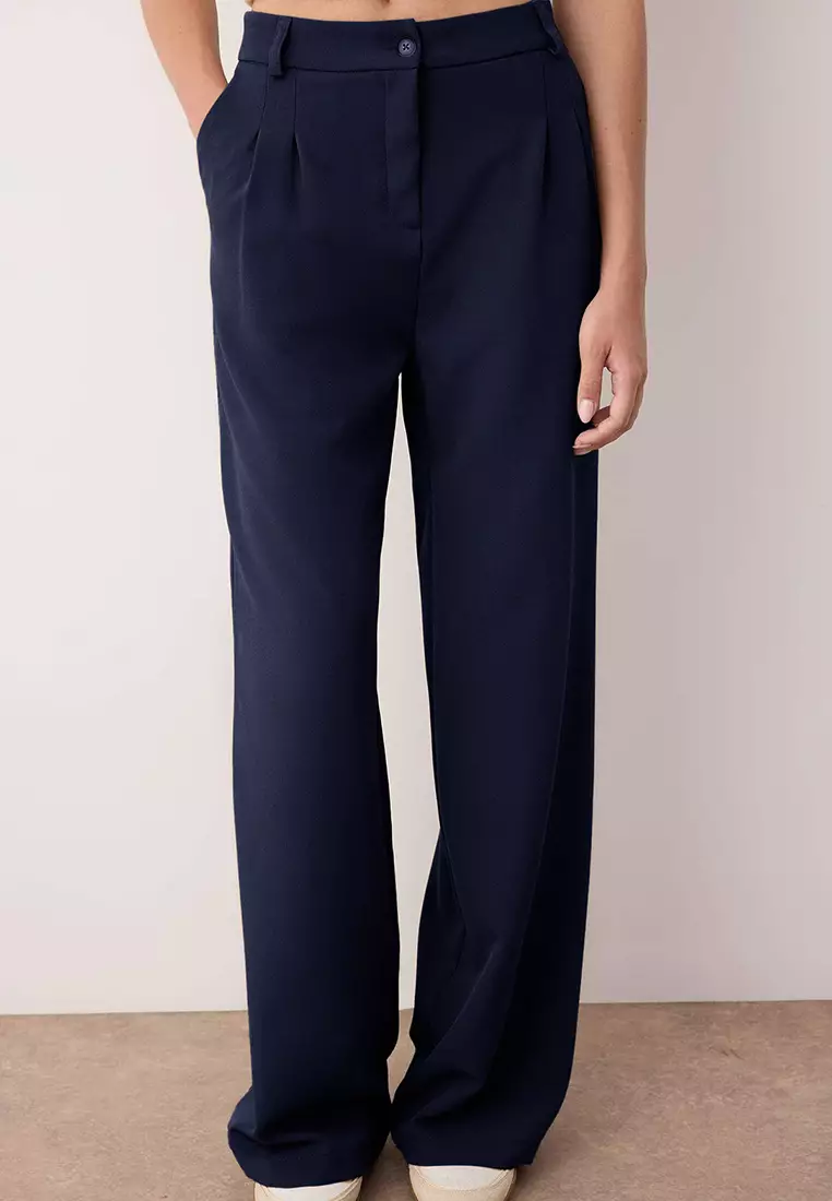Dark Navy Blue Pleated Wide Leg Pants