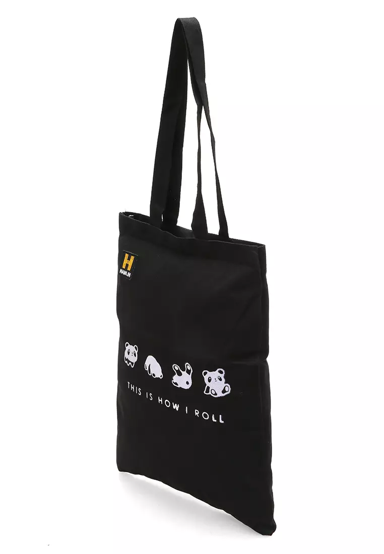 Hamilton Totebag Pria Wanita Motif Panda Large Compartment Material Dinir ORIGINAL - Black