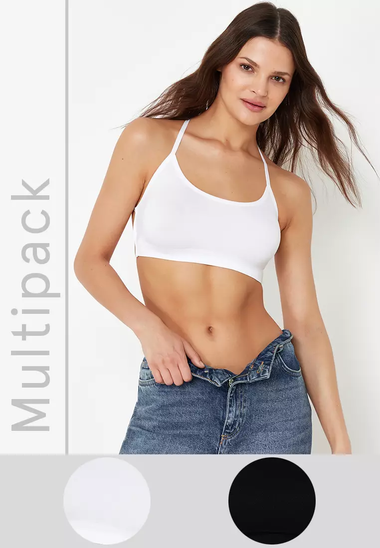 Black-White 2-Pack Seamless/Seamless Rope Strap Non-Wired Cupless Bralette Knitted Bra