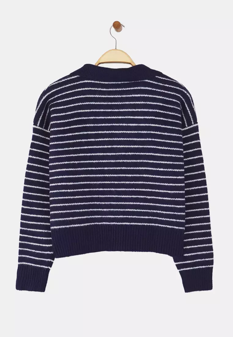 Ecru*001 Soft Textured Striped Wide Fit Basic Knitwear Sweater