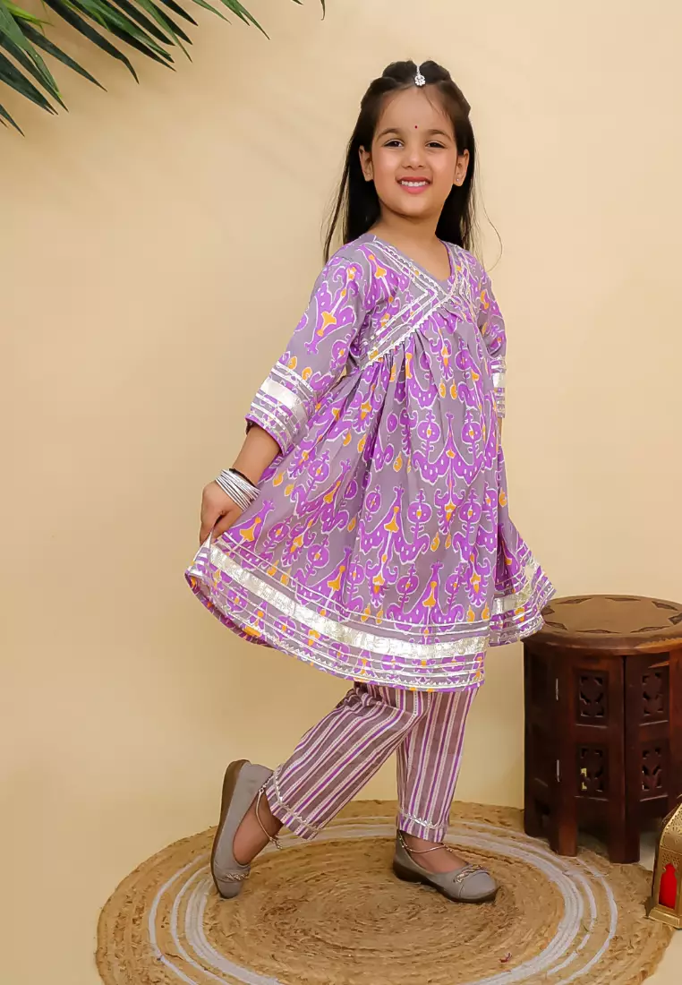 The Mom Store Sage Violet Girls Anarkali Kurta Set - Multi