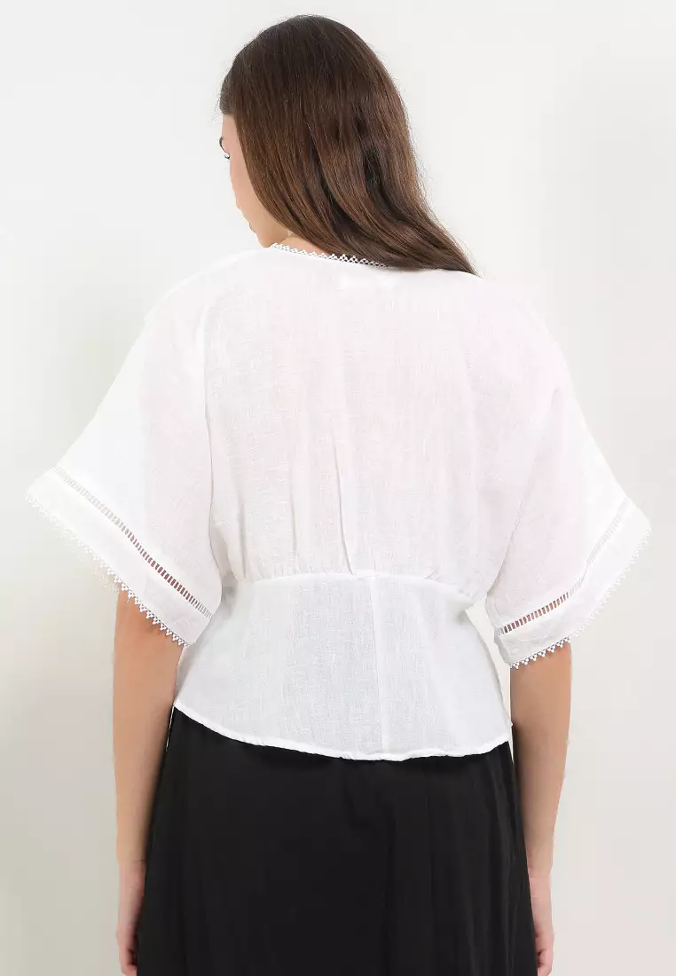 Lace Trimmed V Neck Dolman Sleeves Empire Blouse