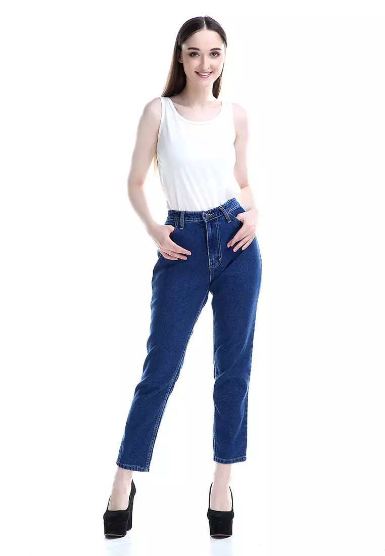 Marilyn Jeans Wanita High Waist Boyfriend Woman Design Simple - Navy