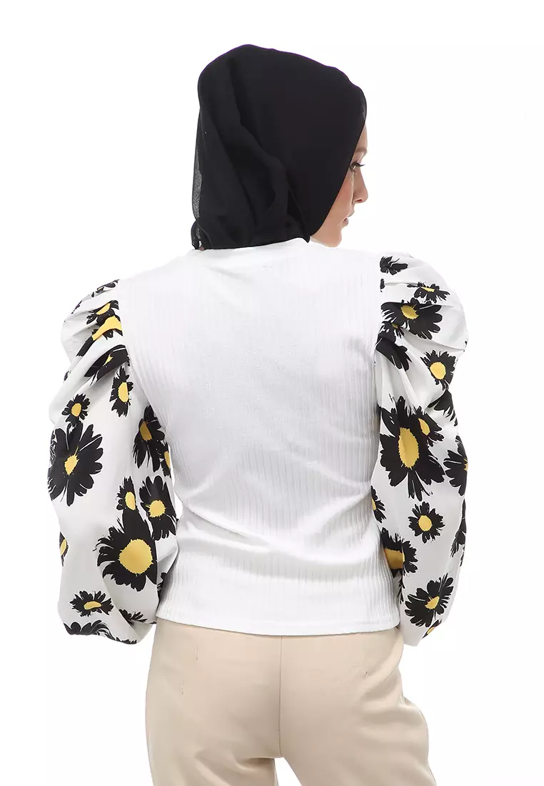 Kartika Blouse Muslimah Atasan Wanita Long Sleeve Motif Flower Regular Fit - Putih