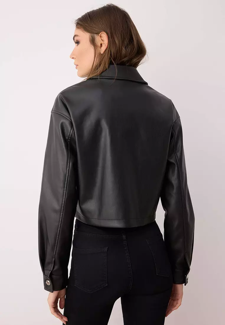 Black Regular Fit Faux Leather Slim Jacket Coats
