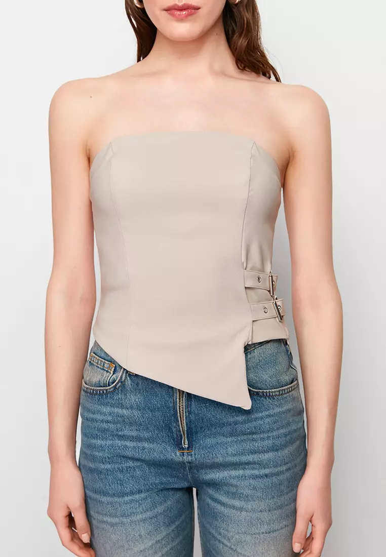 Strapless Blouse with Belt Buckle