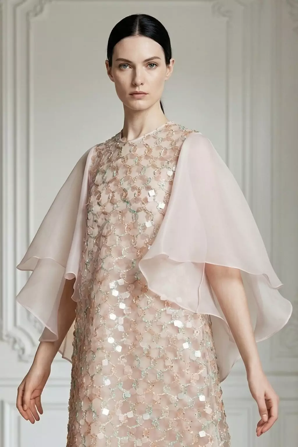 Demure Signature - Ethereal Embroidered Tulle  kaftan Dress Light Pink