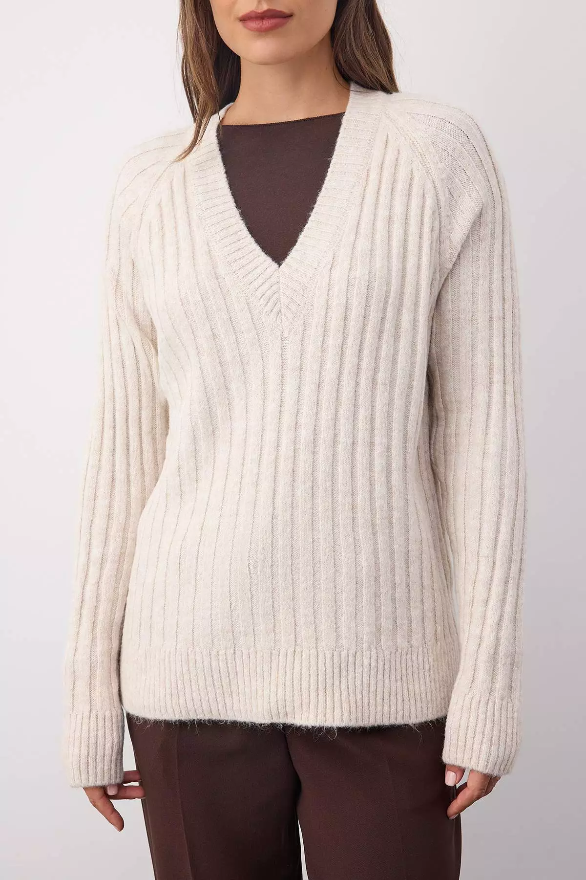 Wardrobe Essentials Stone Soft Textured Ribbed Knit Sweater