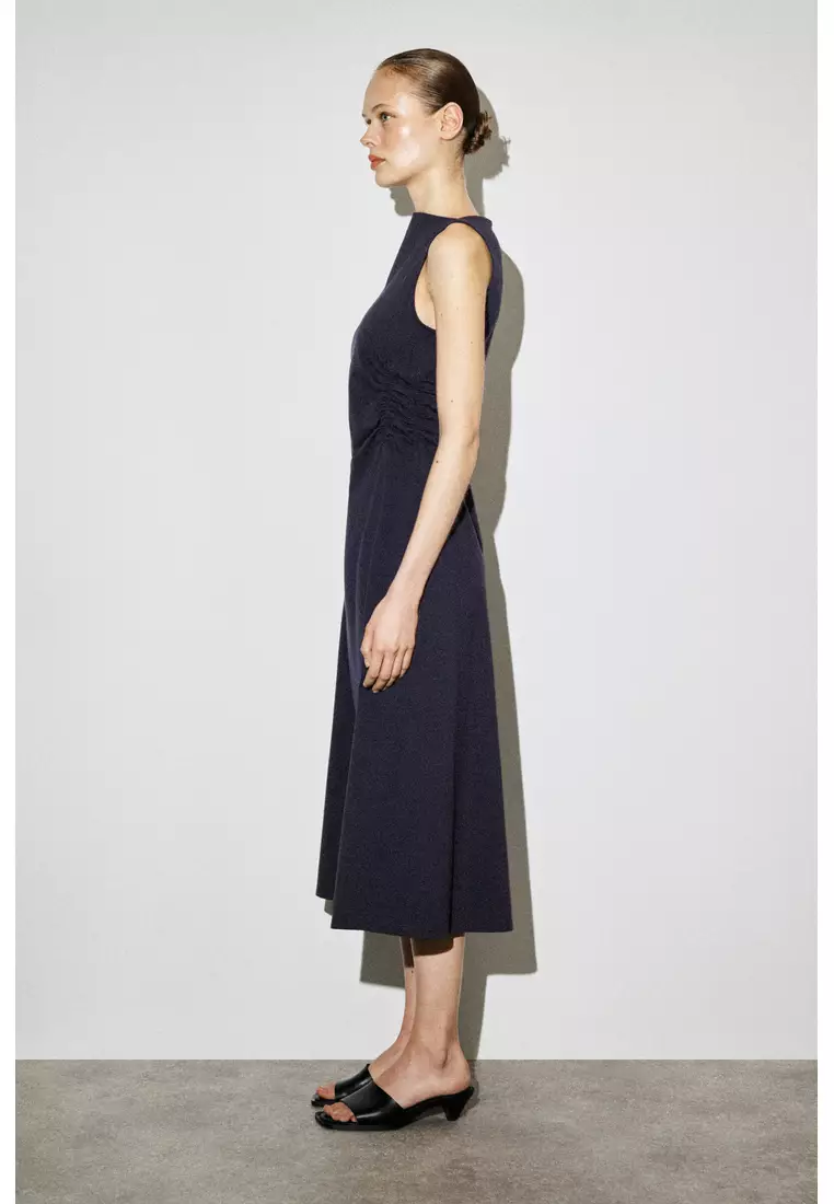 RUCHED-WAIST COTTON-JERSEY MIDI DRESS