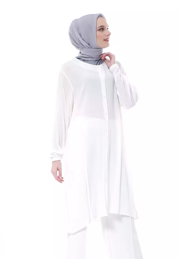 Aulia Tunik Pakaian Muslimah Wanita Lengan Panjang Motif Polos Regular Fit Premium High Quality - White