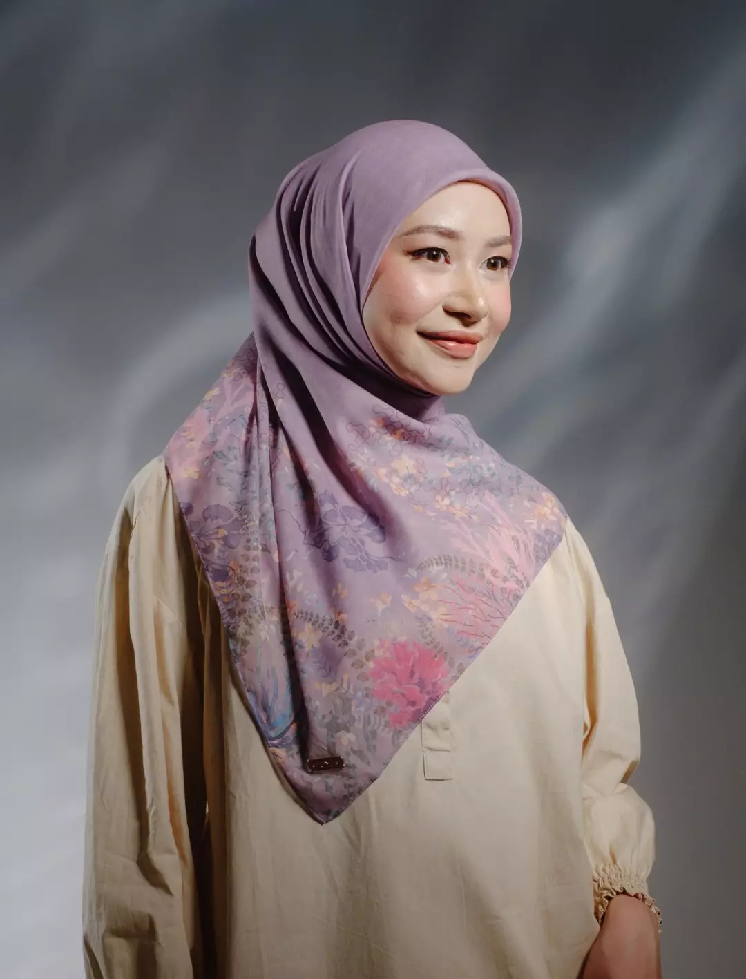 MARINA Scarf Lavender - Kerudung Hijab Segiempat Motif With BOX - Bahan Voal Premium - Ukuran 115x115