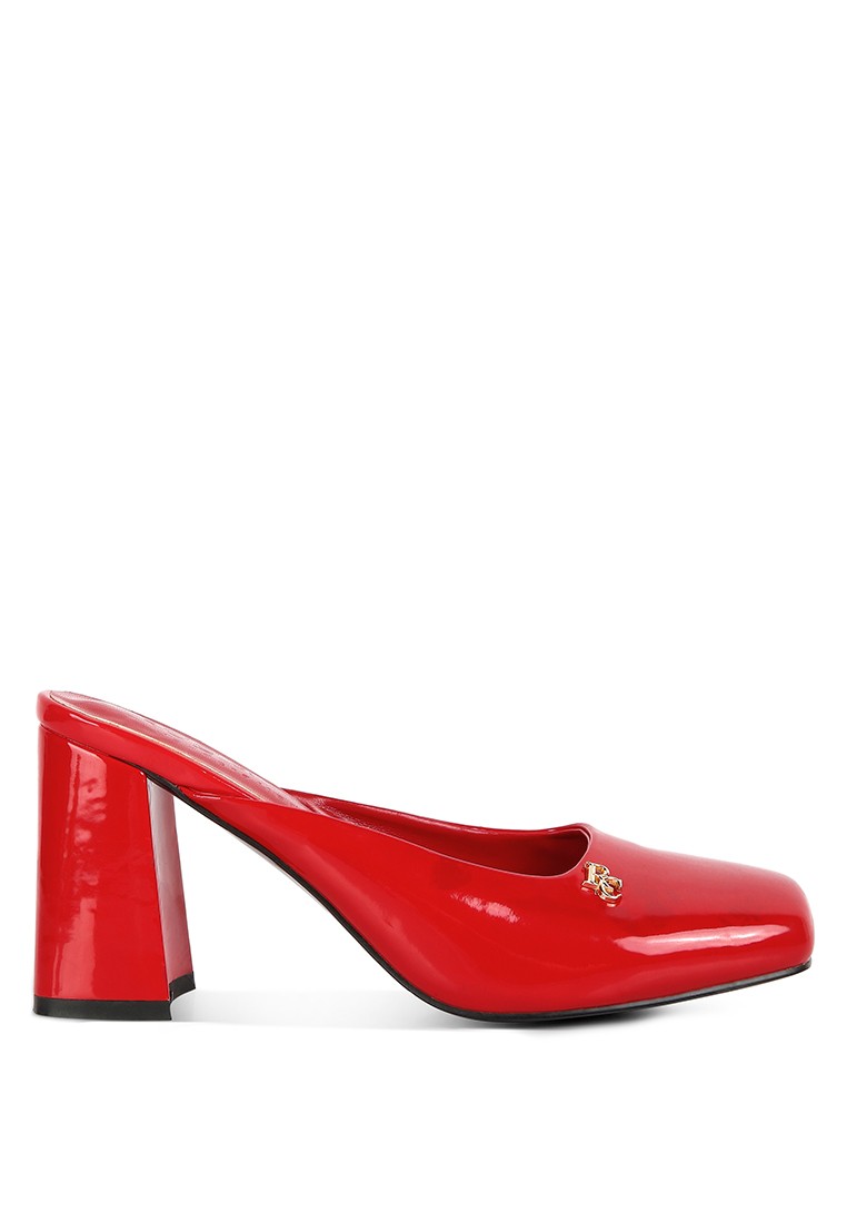 Red Patent PU Block Heeled Mules