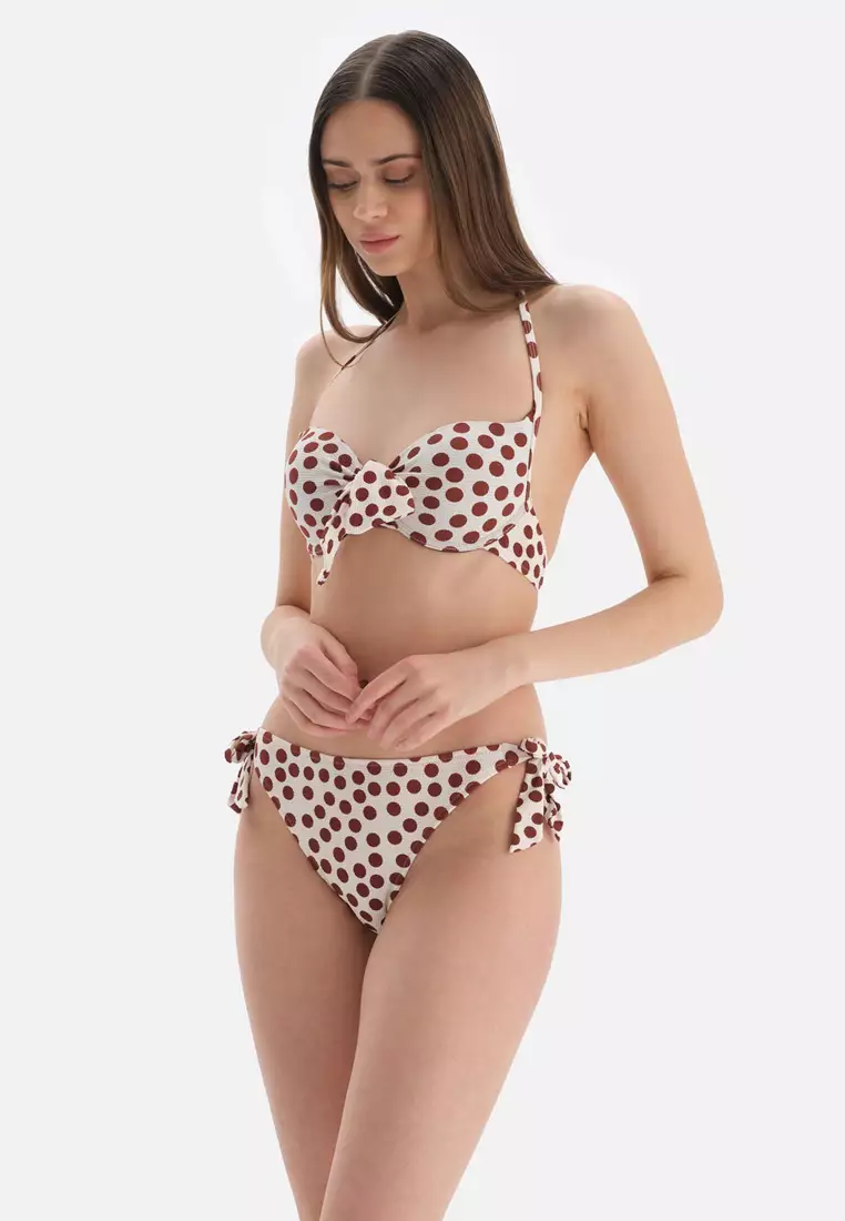 Brown Retro Bikini Top Bikini Top, Polka dot Printed, Half-padded, Underwire, Swimwear for Women