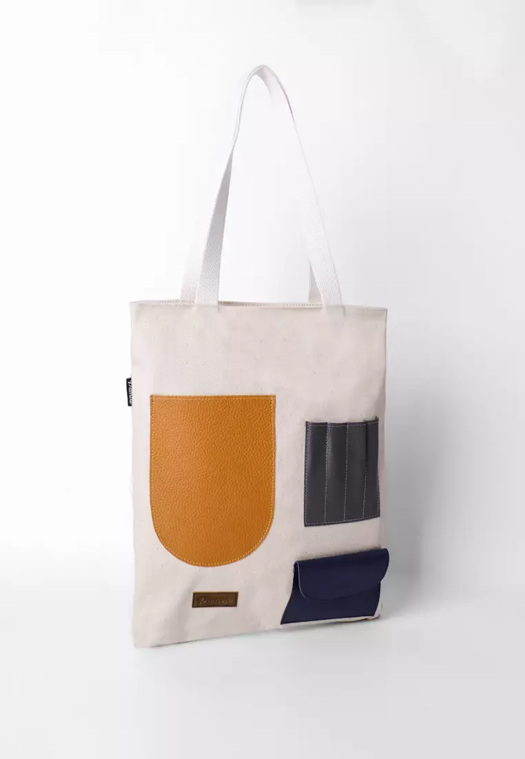Tote Bag Tas Bahan Kanvas Penutup Resleting Litten Series - Brokenwhite