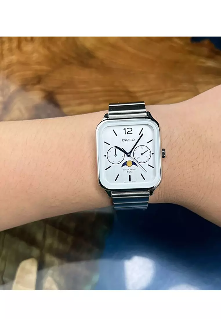 Moon Phase Men Chronograph Watch MTP-M305D-7A2V Silver Stainless Steel Strap