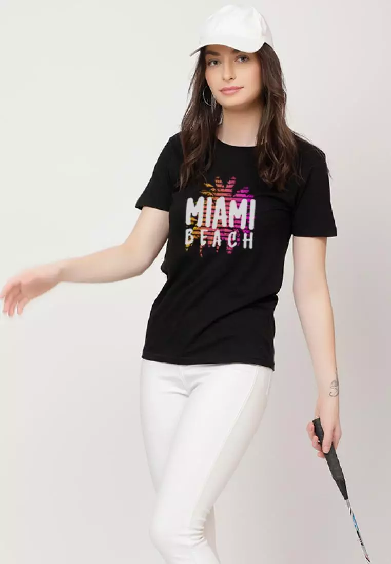 Miami Beach Relaxed Short Sleeve Stylish Black Cotton Casual Graphic Print Tee/TShirt