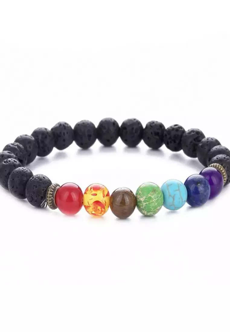 網上選購YOUNIQ 全黑与七色脈輪癒合串珠天然火山石香薰療愈珠子手鏈