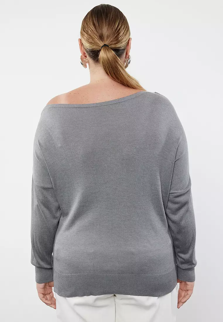 Gray Boat Neck Knit Sweater Tbbaw24An00041