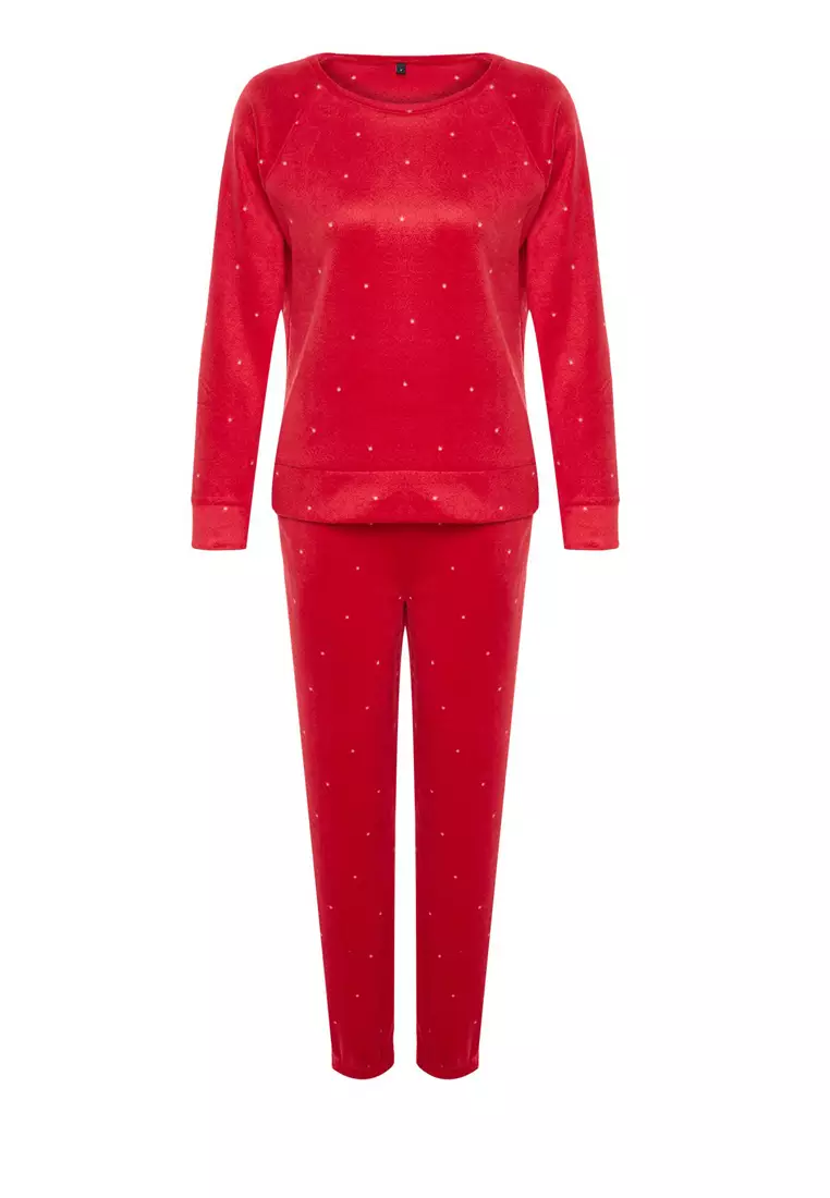Red Polka Dot Fleece Winter Knitted Pajamas Set Thmaw24Pt00032