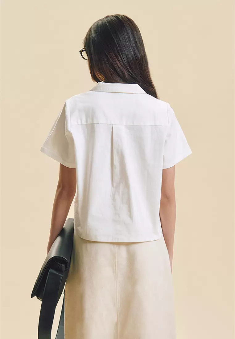 Dress Code Short Sleeve Cropped Relaxed Button Down Top