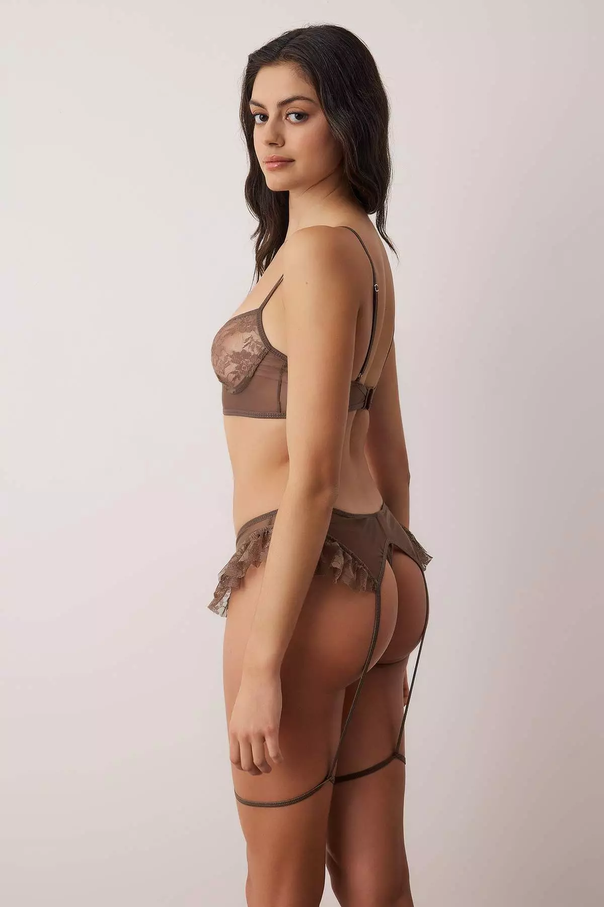 Brown Ribbon Detailed Leg Band Ruffled Lace Fancy Lingerie Set Thmaw26Bd4