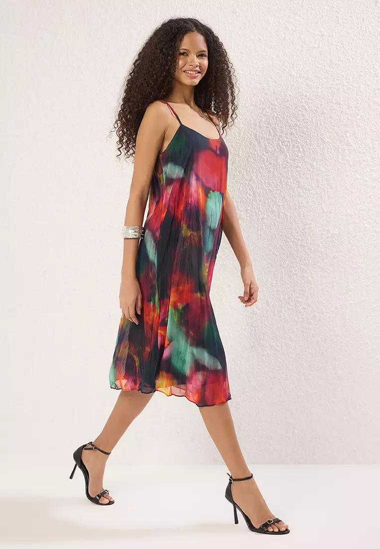Multi-Colored Straight Cut Abstract Pattern Midi Woven Chiffon Lined Dress Twoss25El00806