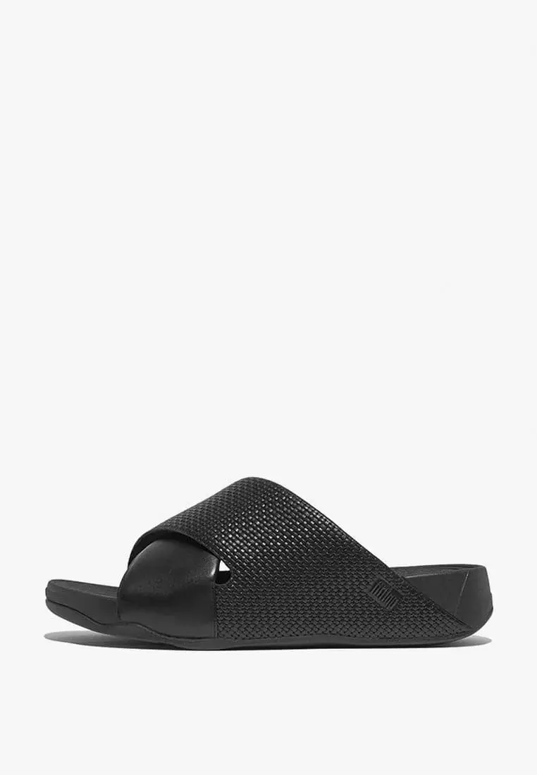 Discount on Fitflop  shoes - SKU: Fitflop Freeway Mens Weave-Embossed Leather Cross Slides- Black