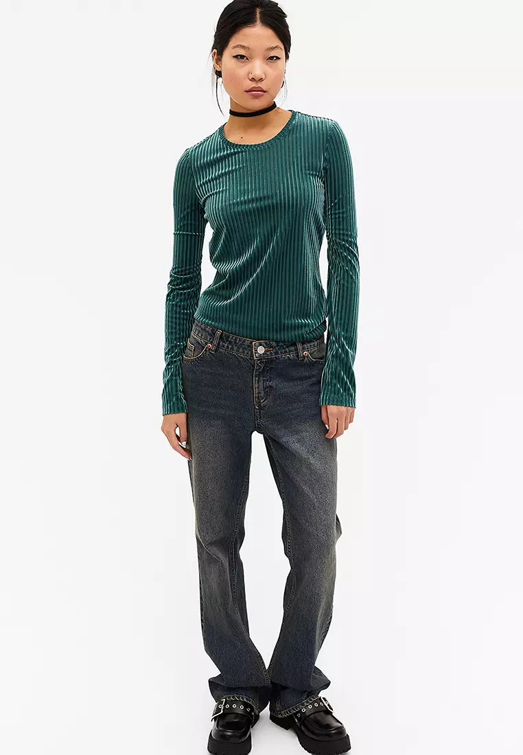 Buy Monki Long Sleeved Ribbed Velour Top in Dark/Green 2024 Online