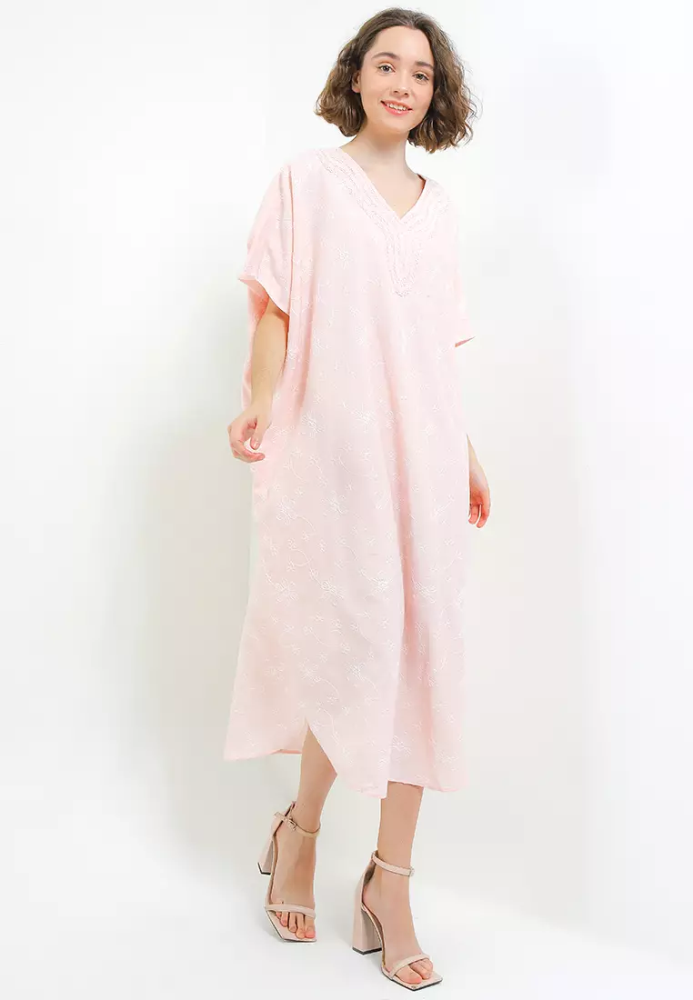 V Neck Lace Trimmed Emb Kaftan