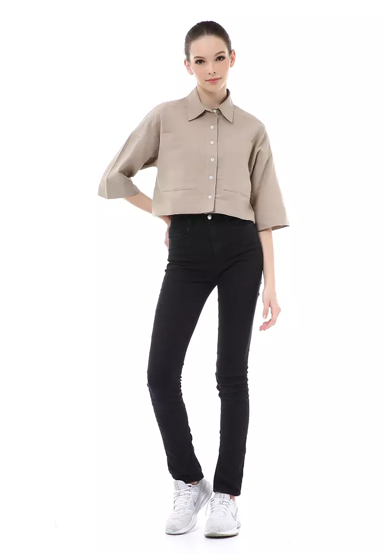 Brielle Atasan Wanita Kemeja Crop Oversize Shirt Lengan Panjang Material Linen ORIGINAL - Coffee