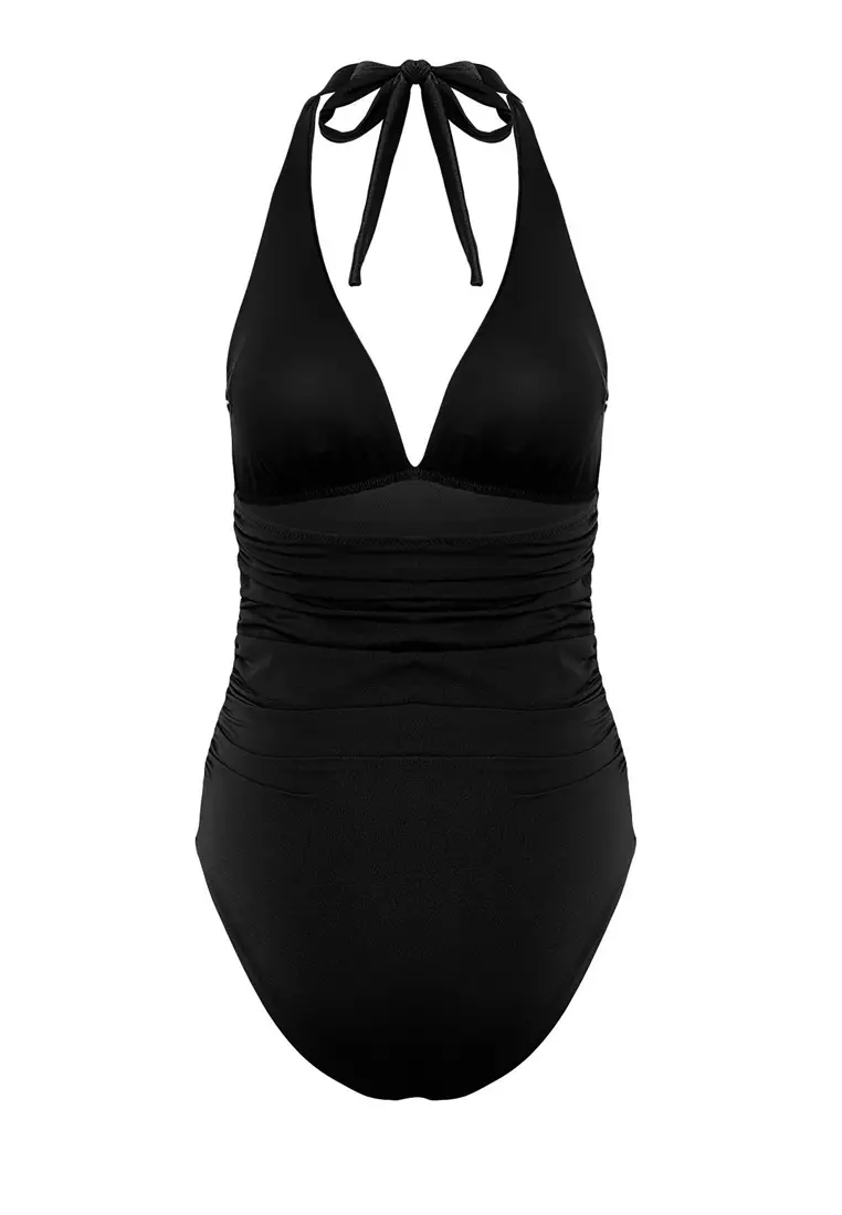 Black V Neck Compression Regular Swimsuit Tbess24Ma00073
