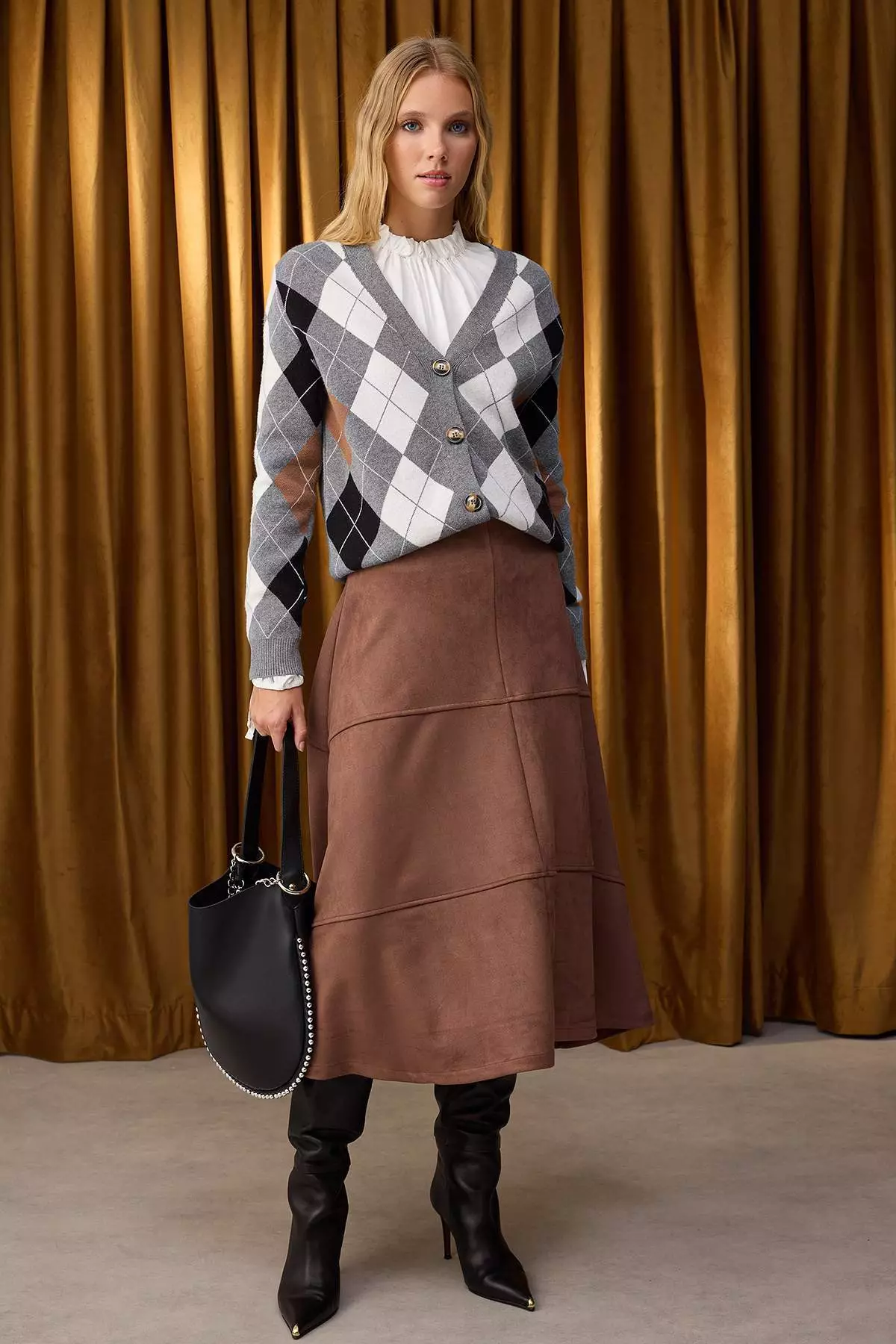 Anthracite Premium Yarn/Special Yarn Diamond Patterned Knitwear Cardigan Twoaw26Hi00158